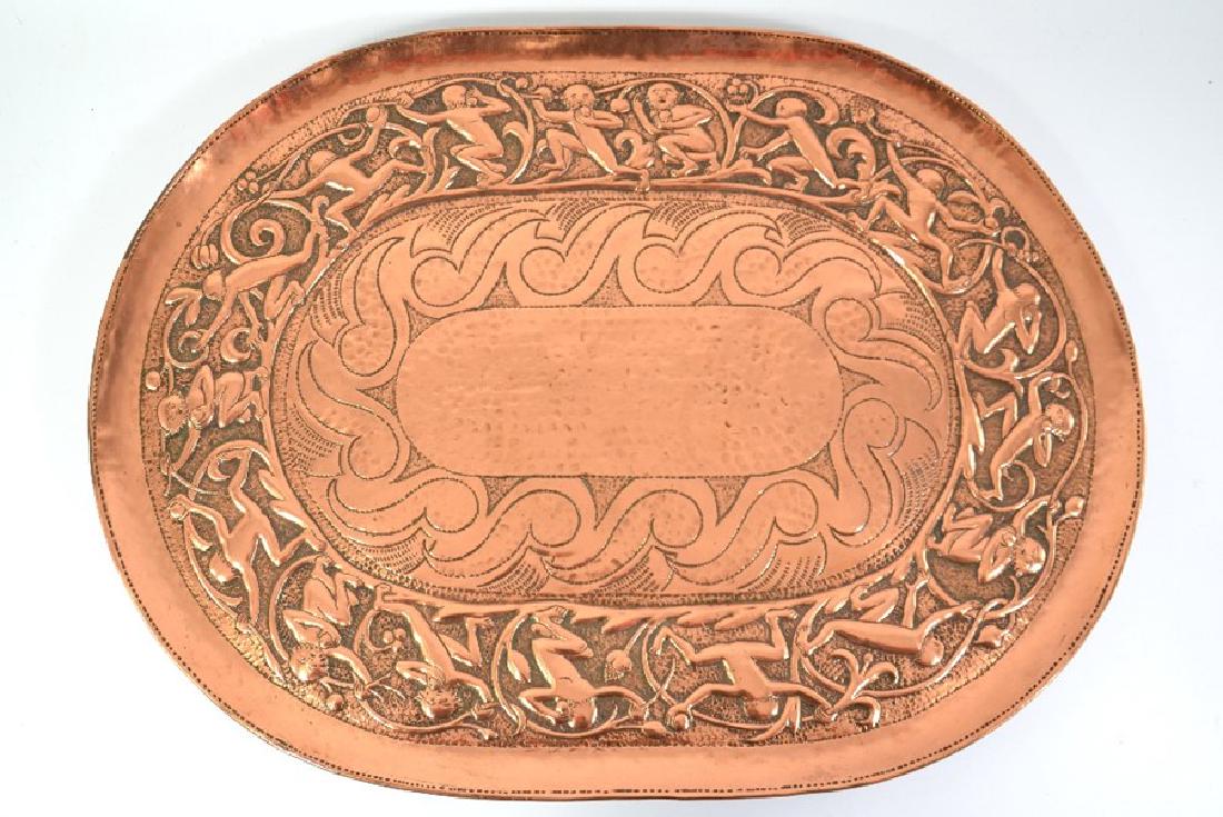 John Pearson, an Arts and Crafts hammered copper tray,: John Pearson, an Arts and Crafts hammered copper tray, repousse decorated with monkeys picking and eating fruits, dated 1898, signed and dated verso and numbered 2386, 59.5cm x 43.5cm