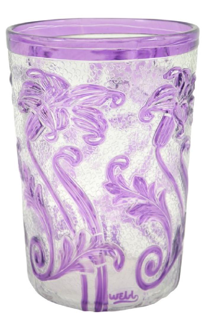 Thomas Webb and Sons, a Cameo Fleur glass vase, circa: Thomas Webb and Sons, a Cameo Fleur glass vase, circa 1931, beaker bucket form, purple over colourless lily design, engraved mark, 21cm high
