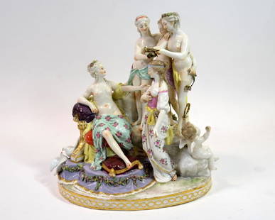 Large Meissen style Continental figure group of Diana: Large Meissen style Continental figure group of Diana at her toilet with the Three Graces, 36cm high