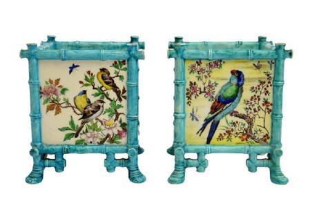 Theodore Deck, a pair of Japanesque jardinières, circa: Theodore Deck, a pair of Japanesque jardinières, circa 1880, cube form, decorated with enamelled panels of garden birds and parrots, within turquoise glazed bamboo effect frames, printed marks, 15.5c