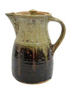 Richard Batterham, a studio pottery coffee jug, with: Richard Batterham, a studio pottery coffee jug, with lid, glazed stoneware, incised vertical stripes, 23cm high