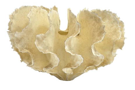 Ursula Morley Price, a studio pottery bowl, pinched: Ursula Morley Price, a studio pottery bowl, pinched stoneware with crimped fins and oatmeal slip glaze, 15cm high, 25cm diameter