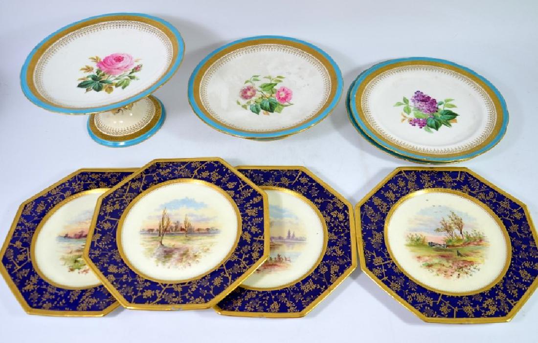 A Minton part dessert service and Wedgwood scene: A Minton part dessert service and Wedgwood scene painted plates, including tazza, comport and six plates, painted with floral specimens within tooled gilt and turquoise borders, impressed marks, 23.5c