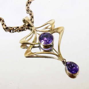 An Art Nouveau 9 carat gold and amethyst pendant, on: An Art Nouveau 9 carat gold and amethyst pendant, on gold chain, interlocking sinuous tendrils with central stone and further stone suspended, 4.5cm long, 46cm long chain, 9.1g