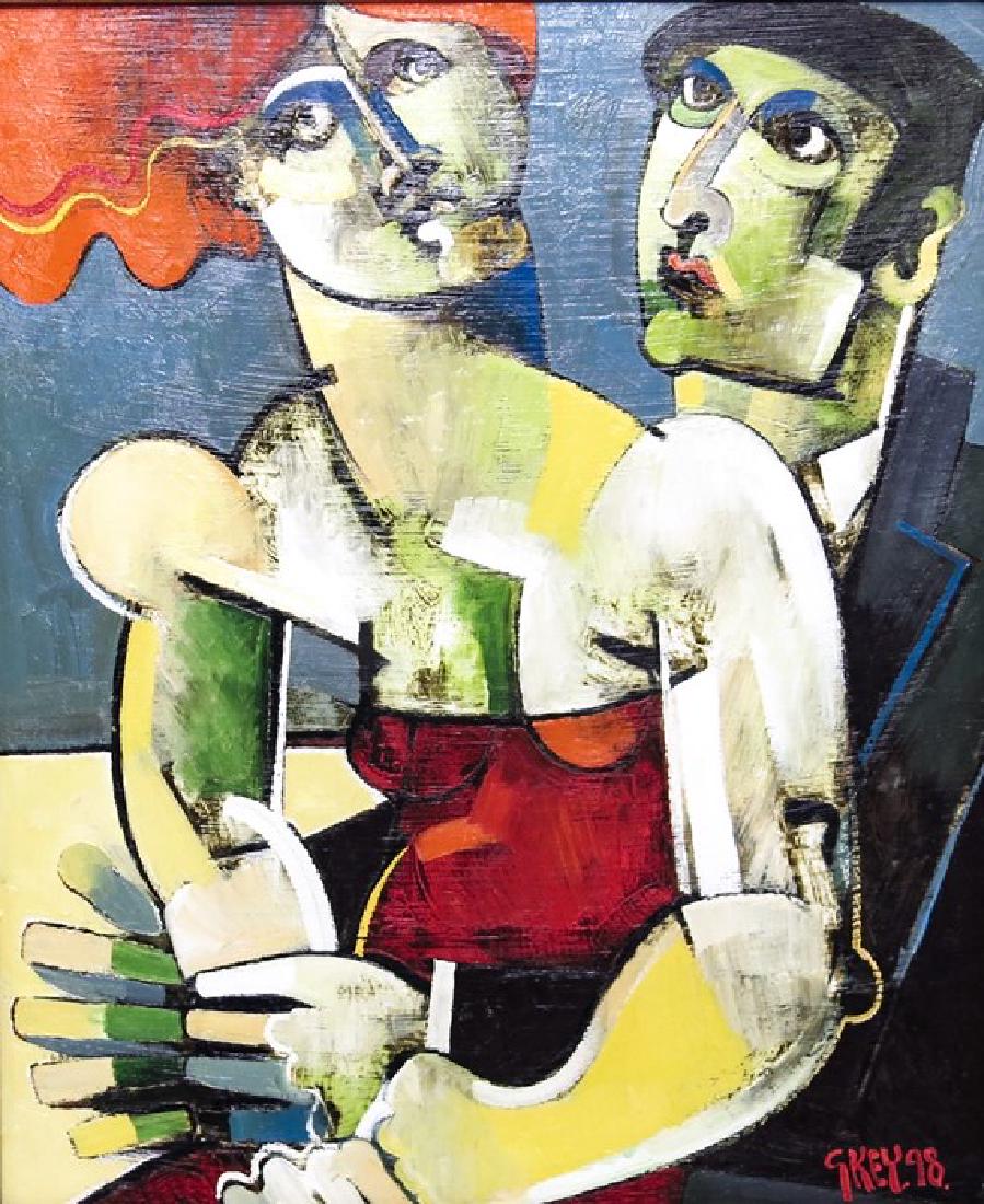 † Geoffrey Key (b.1941), Waiting to Dance, oil on: † Geoffrey Key (b.1941), Waiting to Dance, oil on canvas, signed and dated 1998, titled verso, 59cm x 49cm, framed