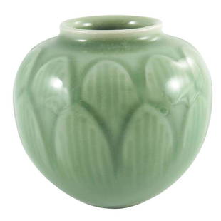 Gerd Bogelund for Royal Copenhagen, a celadon glazed: Gerd Bogelund for Royal Copenhagen, a celadon glazed vase, 1957, relief moulded ovoid form, in the form of an artichoke, two bands of lappets, monogram and marks, 10.5cm high Category: European Cerami