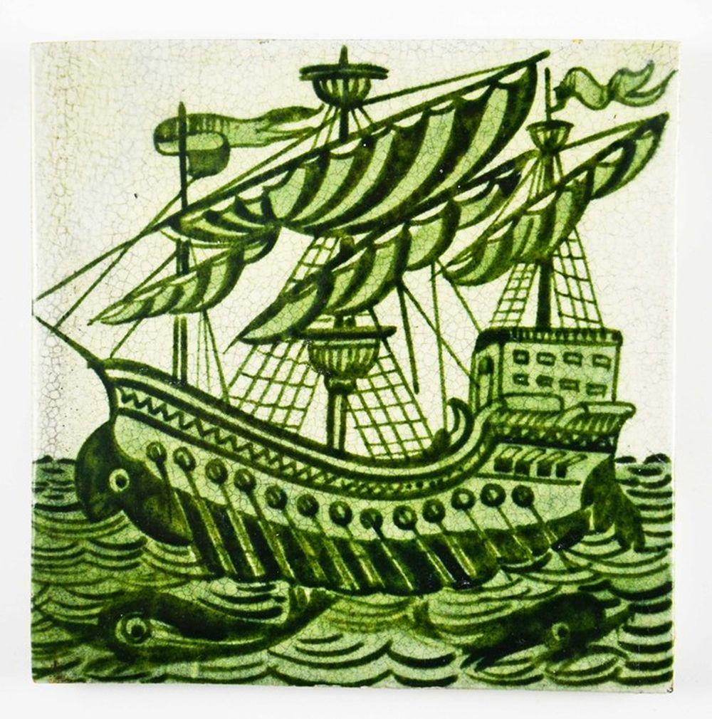 William De Morgan, a Galleon tile, circa 1898, painted: William De Morgan, a Galleon tile, circa 1898, painted with sails folded and oars out, with dolphins, impressed 98 mark, 15.5cm square Category: William De Morgan