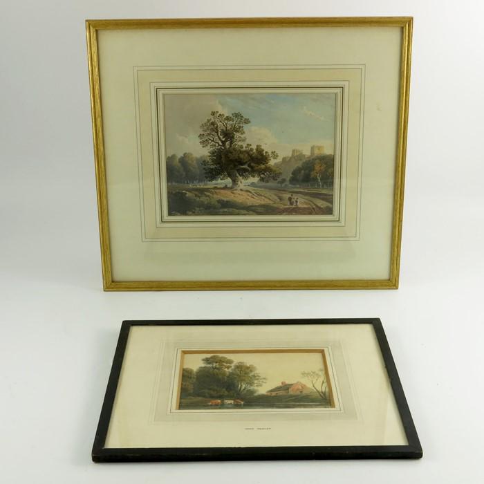 Attributed to John Varley (1778-1842), two: Attributed to John Varley (1778-1842), two watercolours, Continental Castle scene and a farm cottage with cows, 18cm x 24cm and 13cm x 17cm, framed (2) Provenance: Palser Gallery label verso