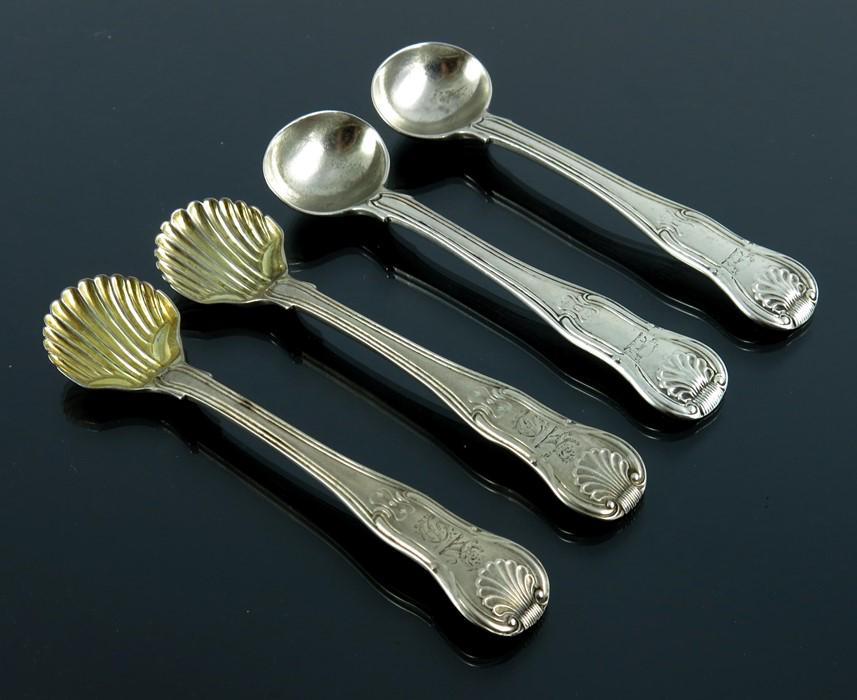 Two pairs of George III and IV silver salt spoons, (1 of 4)