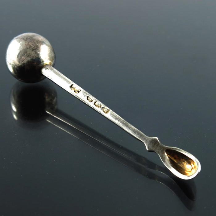 A Victorian silver Cayenne pepper or snuff spoon,: A Victorian silver Cayenne pepper or snuff spoon, Frederick Elkington and Co., London 1894, gilt bowl and spherical terminal, 8.5cm long, 0.42ozt