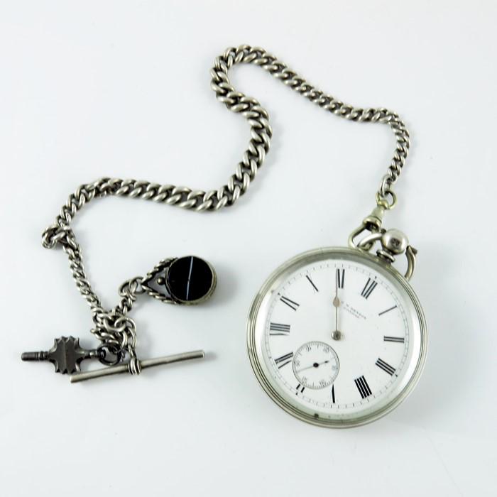 A Victorian silver Ludgate pocket watch, J W Benson,: A Victorian silver Ludgate pocket watch, J W Benson, London 1884, white enamelled dial with Roman numerals and subsidiary seconds dial, engraved marks and numbers 27832 and 4658, on a silver chain wit