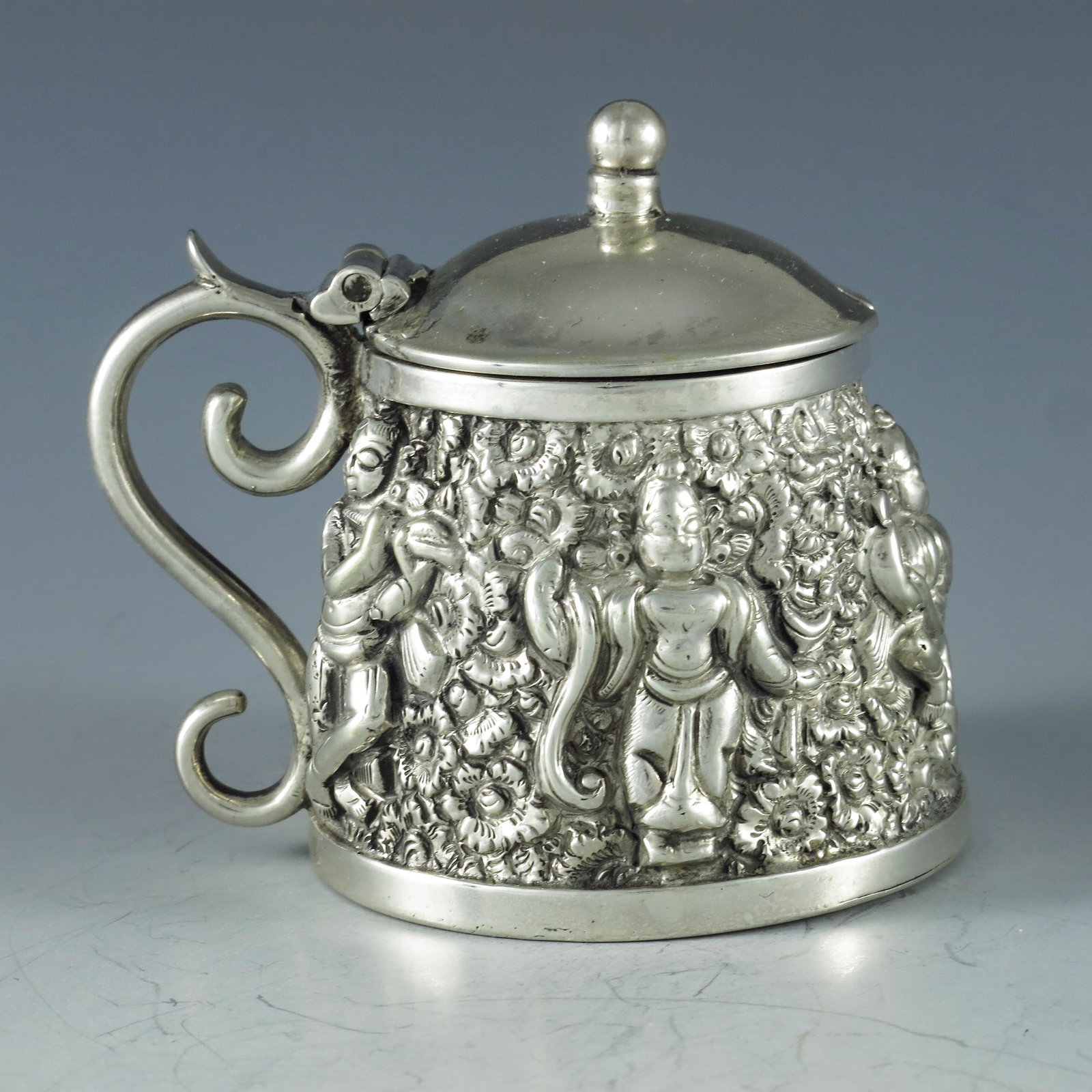 India circa 1900, a white metal mustard pot and spoon, (1 of 7)
