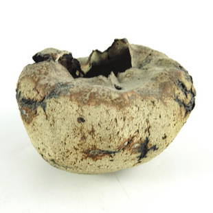 Ursula Morley Price, a studio pottery sculptural vase,: Ursula Morley Price, a studio pottery sculptural vase, ovoid form, ash glazed with rusticated texturing and inverted rim, 10.5cm diameter
