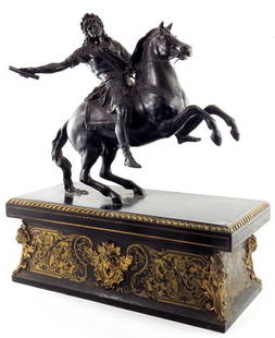 After Francois Girardon (French 1628-1715), a bronze: After Francois Girardon (French 1628-1715), a bronze equestrian sculpture of Louis XIV, on a Boulle style base with ormolu mounted masks, 19th century, bronze 55cm x 61cm, total 81cm x 71cm
