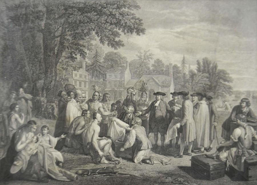 After Benjamin West, (1738-1820), William Penn's Treaty: After Benjamin West, (1738-1820), William Penn's Treaty with the Indians when he founded the Provence of Pensylvania in North American 1681, Published by John Boydell, London 1775, black and white eng