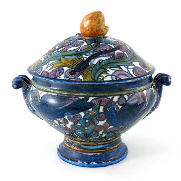 John Pearson, an Arts and Crafts painted bowl and: John Pearson, an Arts and Crafts painted bowl and cover, twin handled pedestal form, decorated with dragonflies and birds amongst foliage, with purple lustre scrolls, the finial in the form of a straw