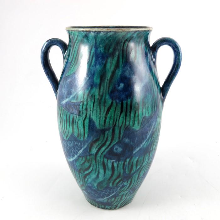 William De Morgan, a Persian twin handled vase, ovoid: William De Morgan, a Persian twin handled vase, ovoid form, painted with fish on a watery ground, in blue and turquoise, painted marks, 24cm high