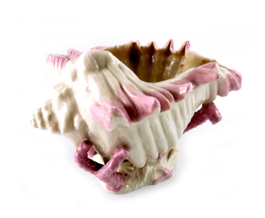 A Belleek first period shell bowl, modelled as a conch: A Belleek first period shell bowl, modelled as a conch supported on coral, pink lustre highlights, printed mark, 11cm high