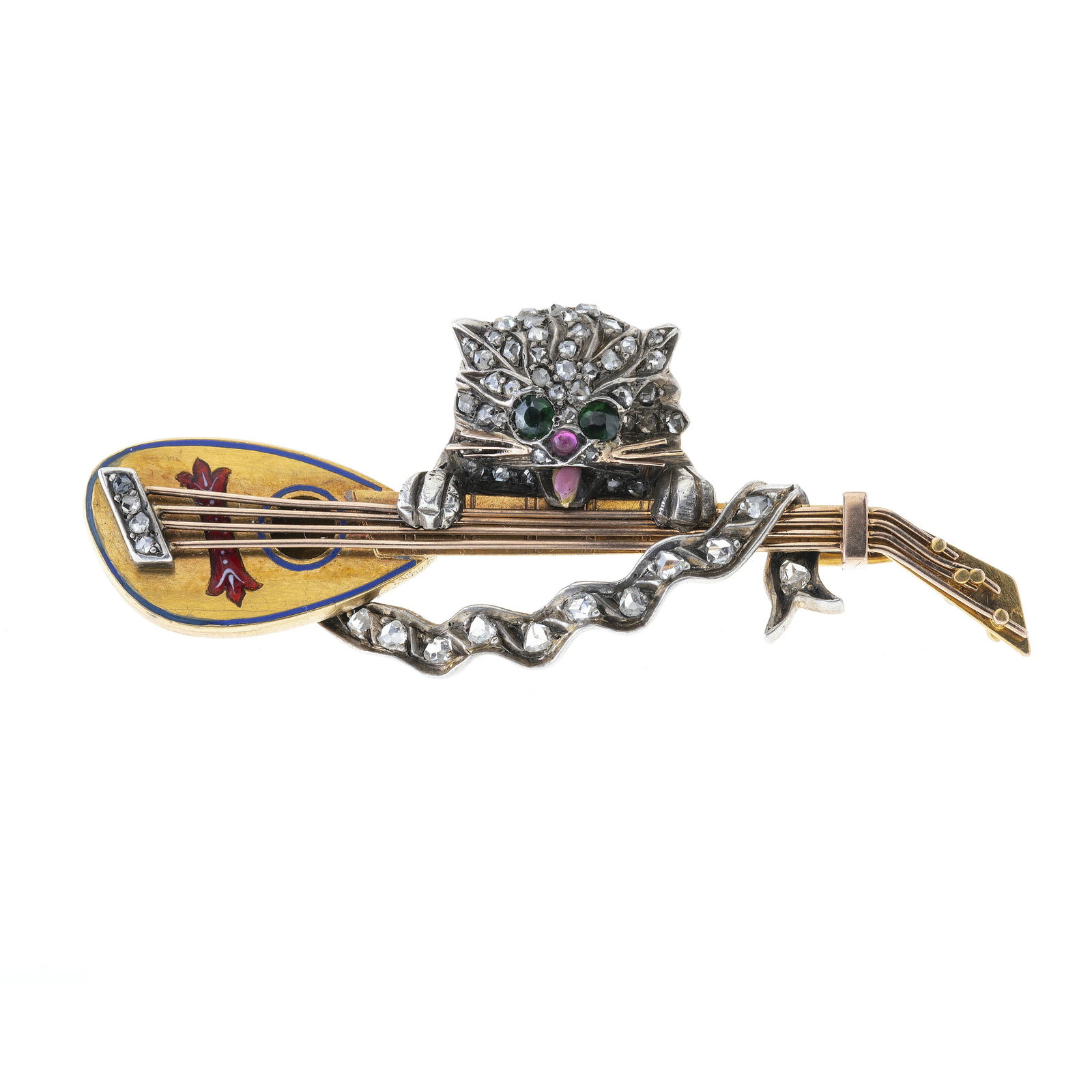 A late 19th century French 18ct gold, rose-cut diamond: A late 19th century French 18ct gold, rose-cut diamond and enamel novelty brooch, designed as a pave-set diamond cat, with emerald eyes, ruby nose and enamel tongue, wrapped around a vari-hue enamel a