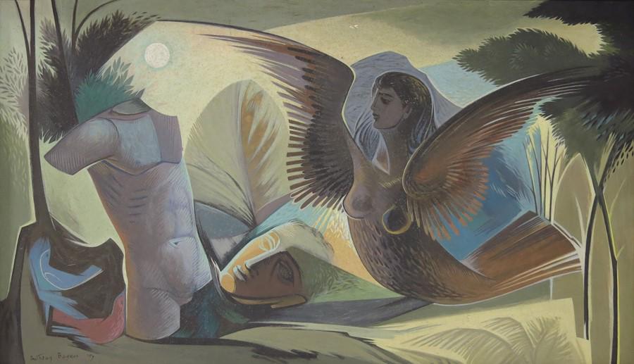 Anthony Baynes (1921-2003), Abstract Mythological: Anthony Baynes (1921-2003), Abstract Mythological Scene, oil on board, signed, 35cm x 60cm, framed