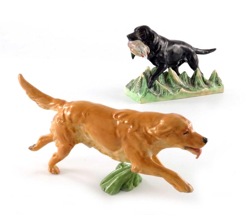 Doris Lindner for Royal Worcester, two figures of dogs,: Doris Lindner for Royal Worcester, two figures of dogs, Golden retriever 3309 and Labrador Retriever 3233, 20cm long (2)