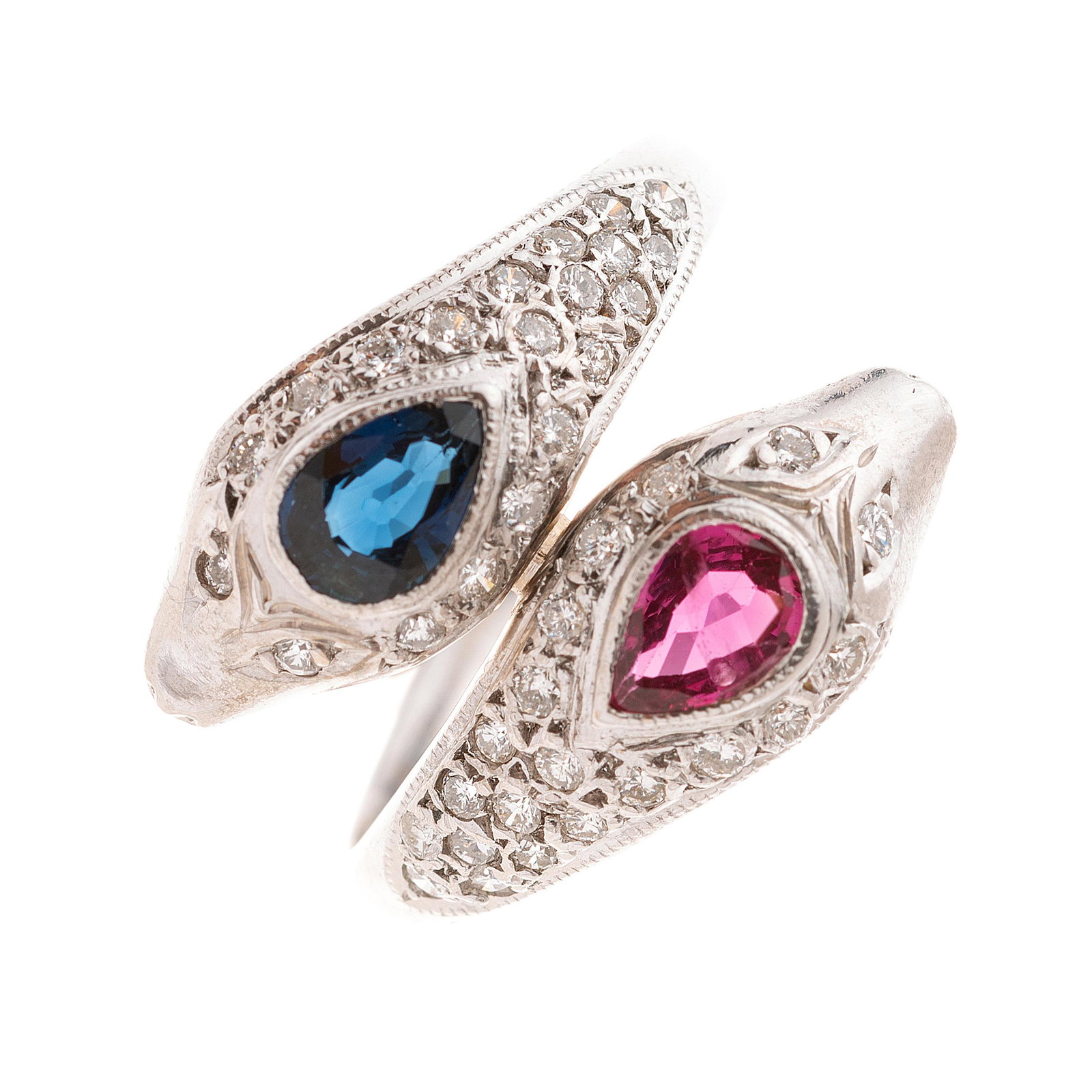A sapphire, ruby and brilliant-cut diamond snake ring, (1 of 2)