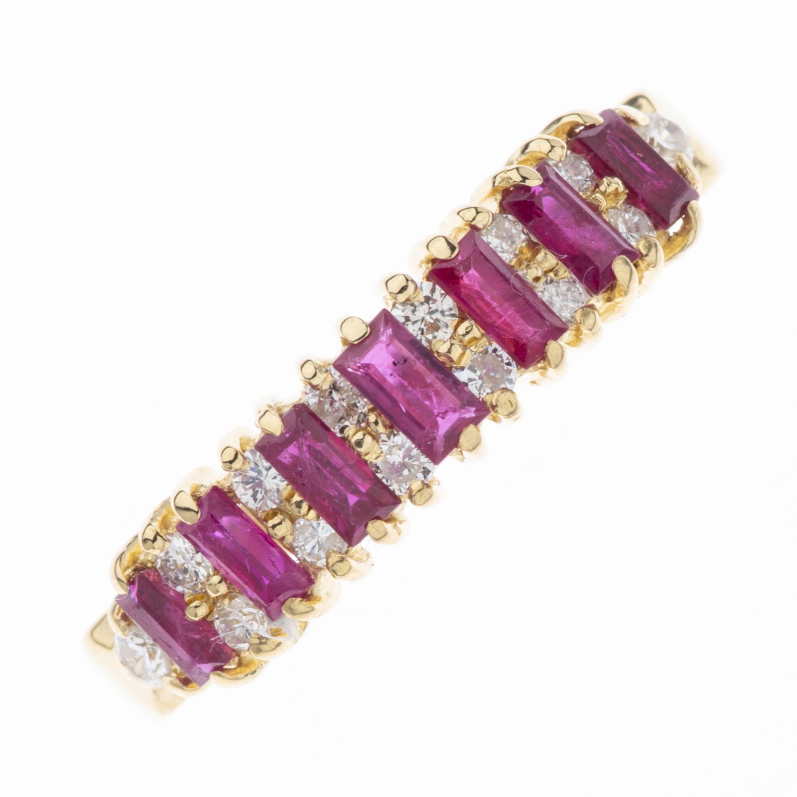 An 18ct gold ruby and diamond half eternity ring, (1 of 2)