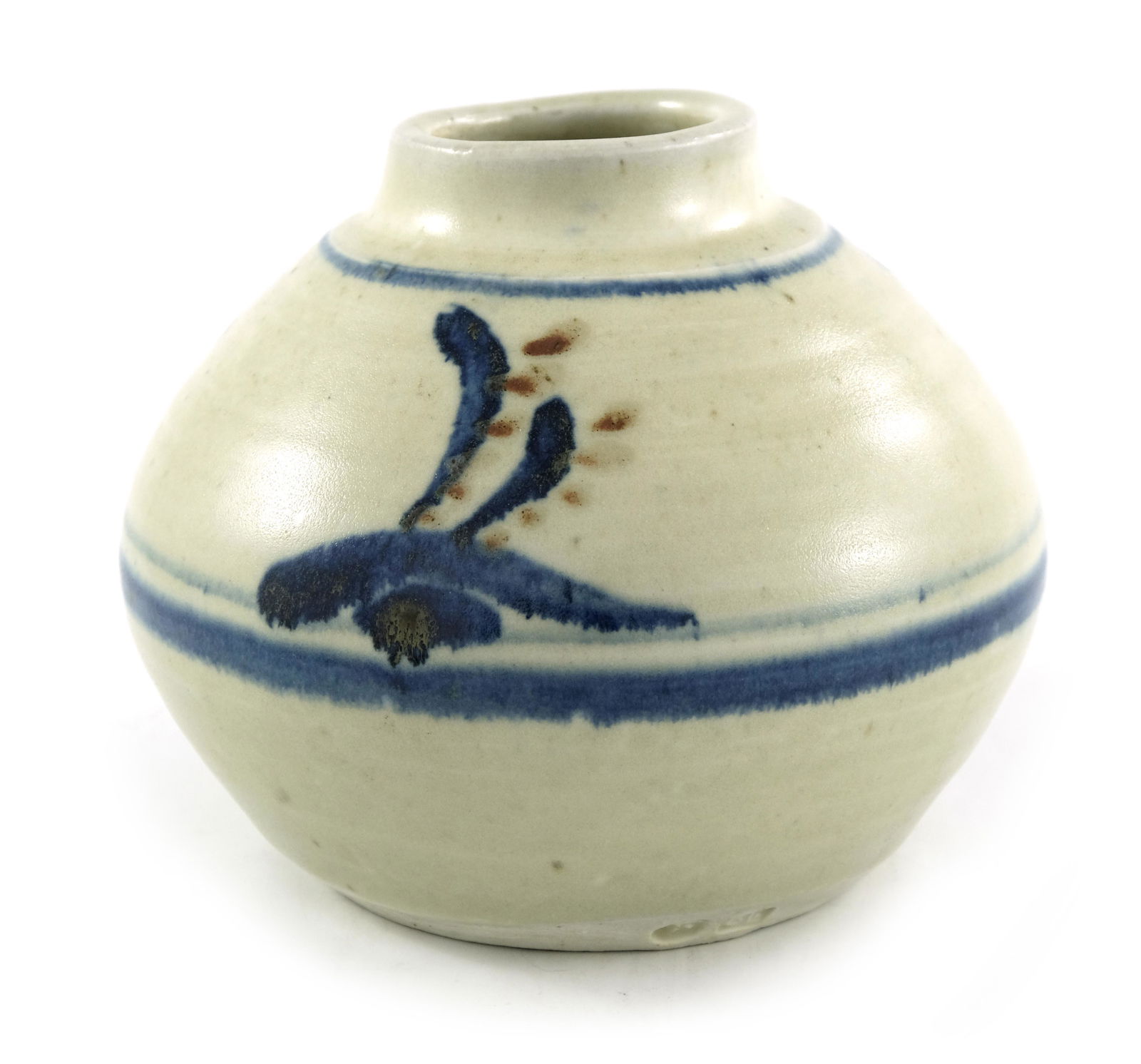 Bernard Leach, a St Ives studio pottery: Bernard Leach, a St Ives studio pottery vase, ovoid form, painted with blue bands and stylised leaves, personal and studio seal marks, 13.5cm high