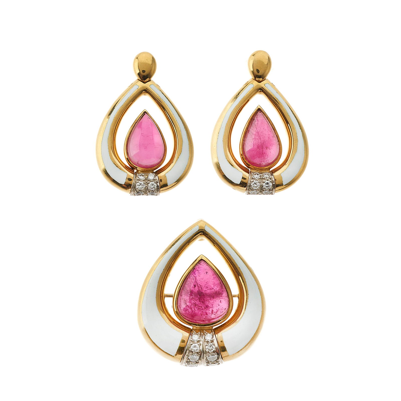 Gerald Benney, a suite of 18ct gold pink tourmaline: Gerald Benney, a suite of 18ct gold pink tourmaline cabochon, brilliant-cut diamond and white enamel jewellery, to include a pair of earrings and a pendant, estimated total diamond weight 0.60ct, leng