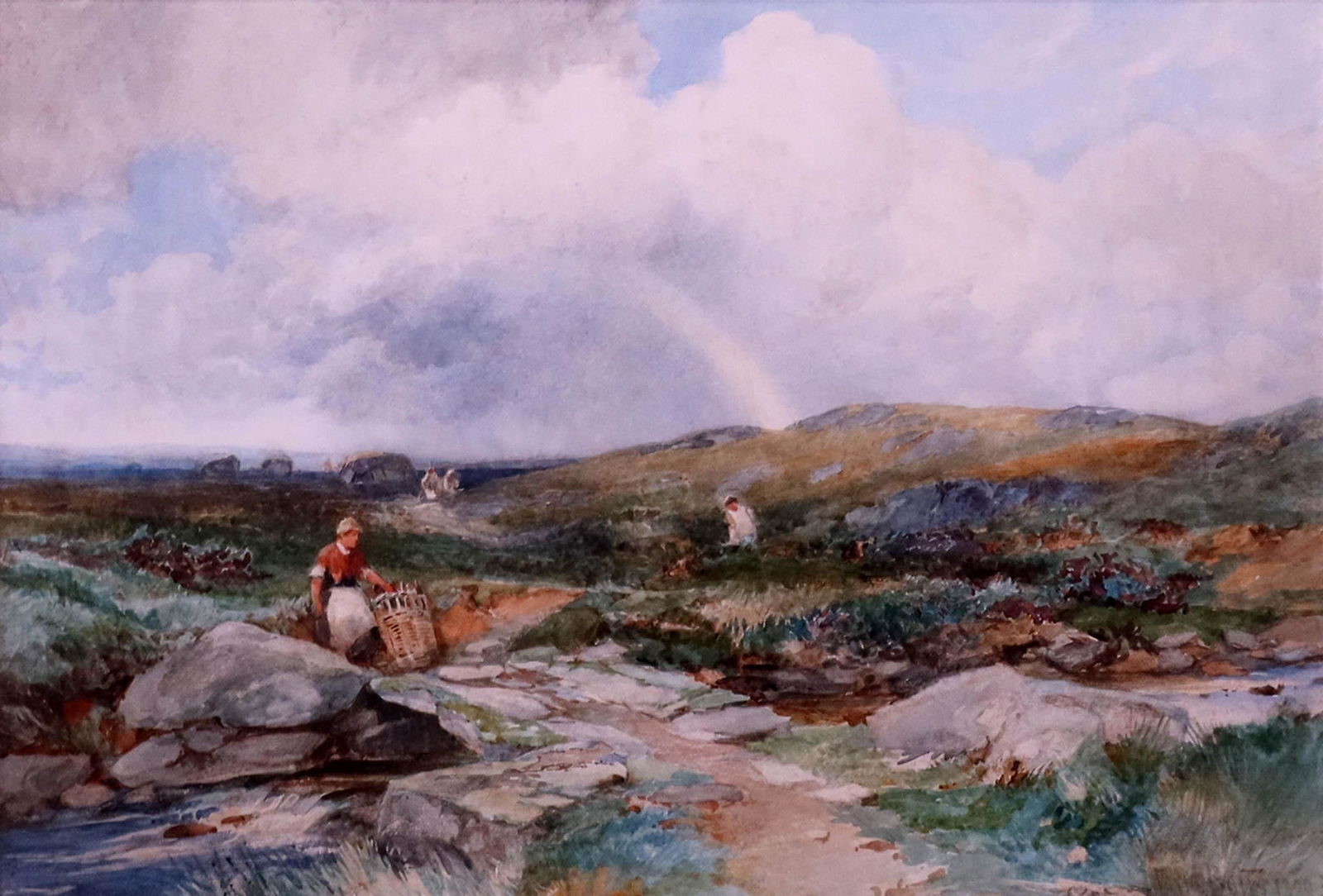 David Bates (British, 1840/1-1921), a mo: David Bates (British, 1840/1-1921), a moorland scene with a woman carrying a basket crossing a stone bridge, signed and dated 1899 l.r., watercolour, 35 by 52cm, framed
