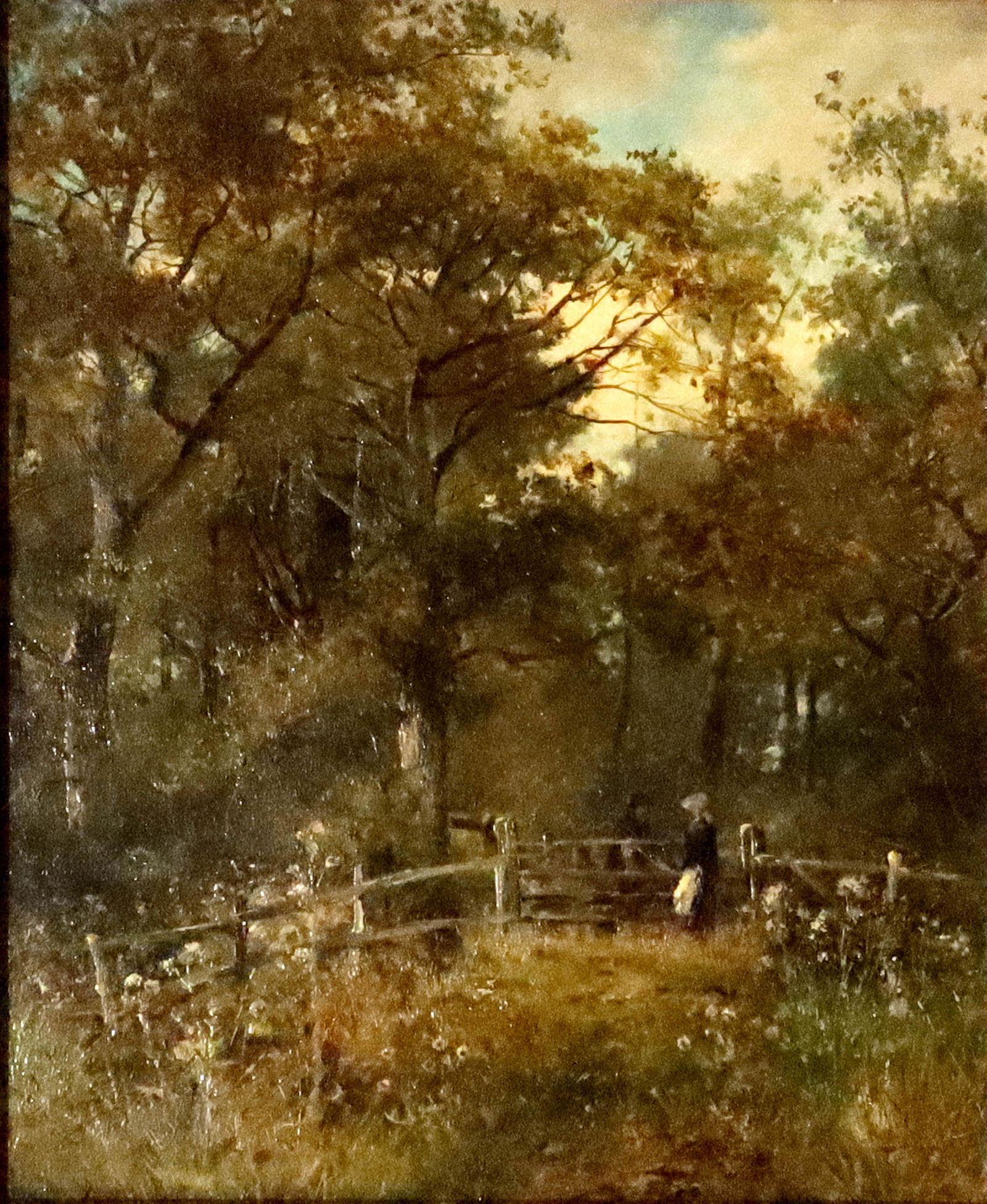 David Bates (British, 1849-1921), a wood: David Bates (British, 1849-1921), a wooded landscape with two figures conversing beside a gate, signed and dated 188(2?), l.l., oil on canvas, 28 by 21cm, gilt frame