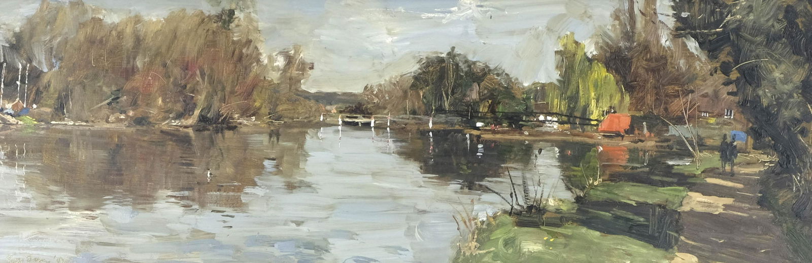 † Peter Brown N.E.A.C. (British, 1967),: † Peter Brown N.E.A.C. (British, 1967), Up from the Lock and Weir (Sonning), signed and dated 2000 l.l., titled, signed and dated verso, oil on board, 19 by 60cm, framed. Provenance: Patterson Galle