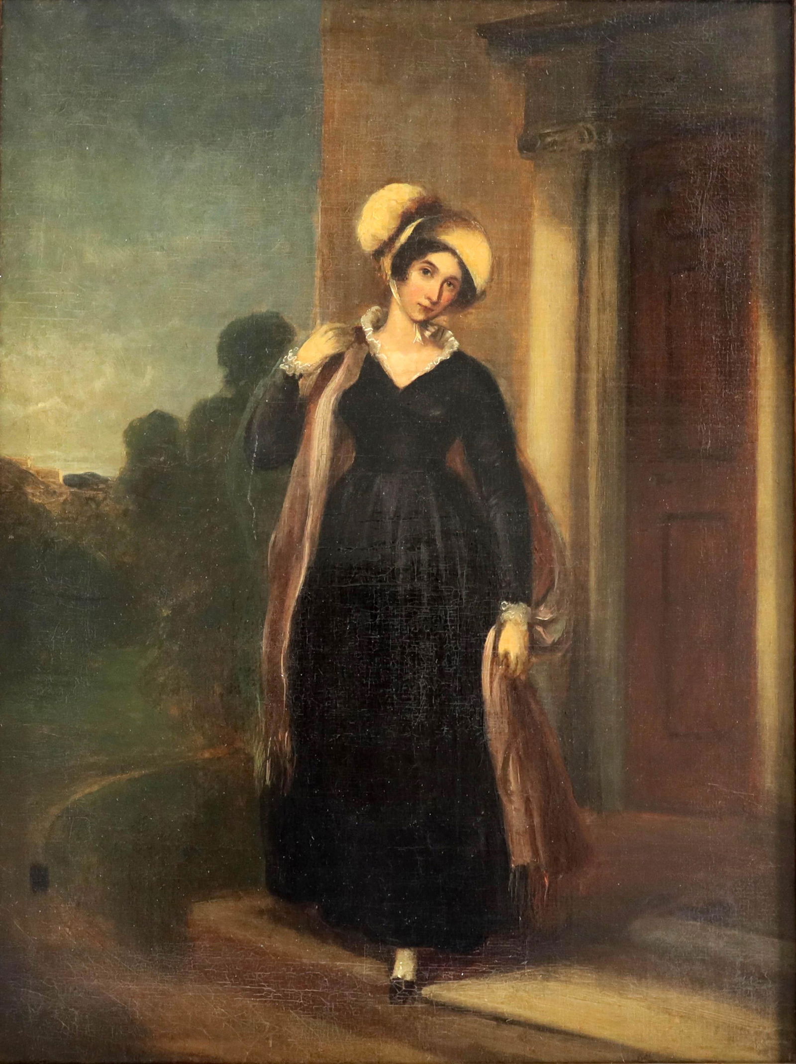 William Moore of York (British, 19th Cen: William Moore of York (British, 19th Century), portrait of Mrs Moore, nee Jackson, (1792-1825), wife of the artist, full length standing by a doorway wearing a black dress, pink shawl and straw bonnet