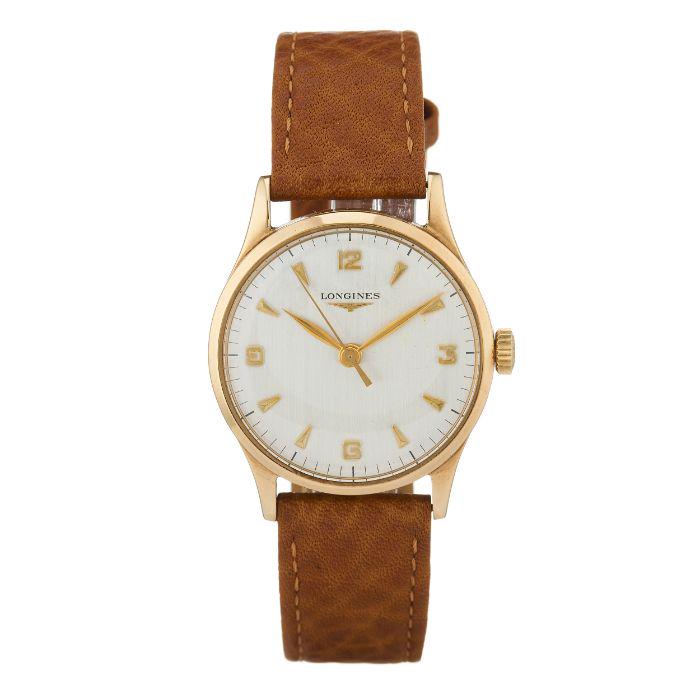 Longines, a 9ct gold wrist watch, signed: Longines, a 9ct gold wrist watch, signed manual wind movement calibre 12.68ZS, serial 10232681, with 'Explorer' type dial, case signed Baume, case numbered 13322 and 794598, hallmarks for Birmingham 1