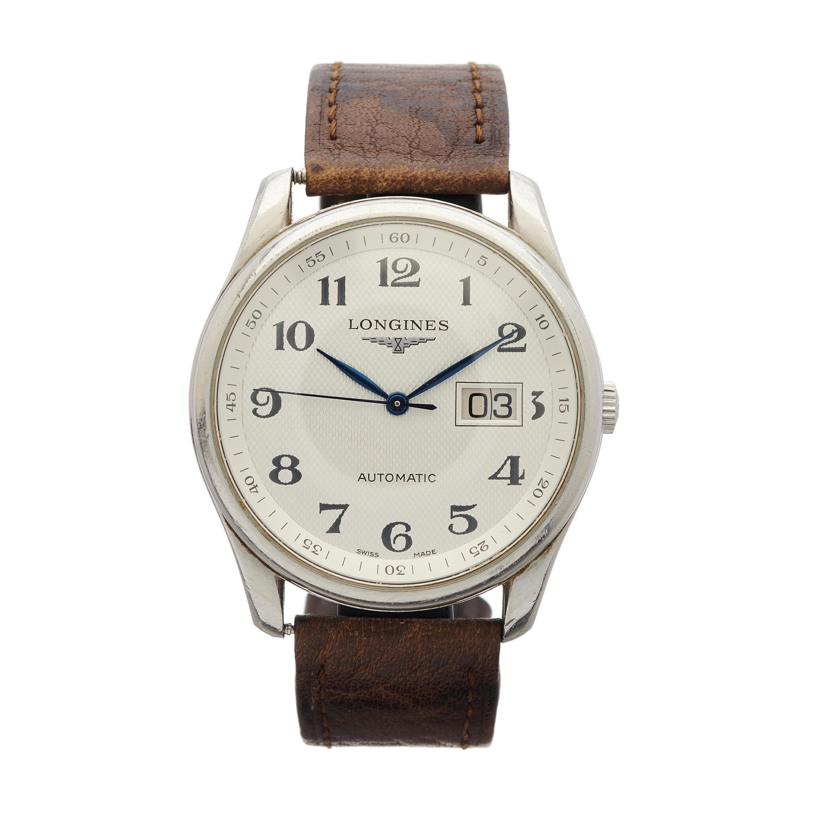 Longines, a stainless steel Master Colle: Longines, a stainless steel Master Collection Big Date wrist watch, reference L2.648.4, signed automatic movement calibre 607.2, serial 33781076, 39mm excluding the crown, fitted to an unsigned brown 