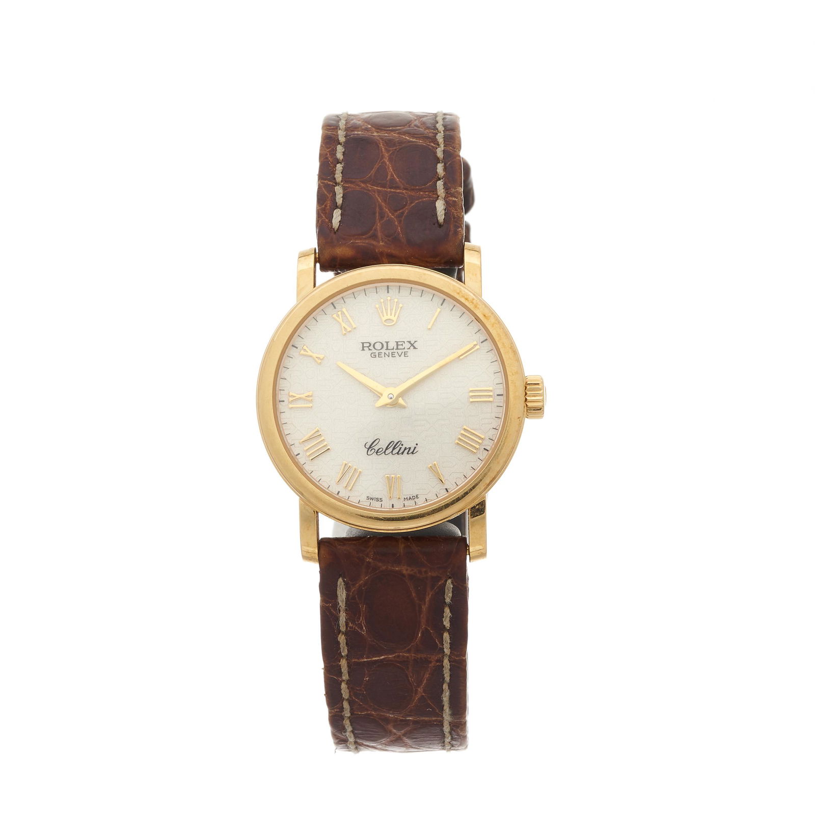 Rolex, an 18ct gold Cellini wrist watch,: Rolex, an 18ct gold Cellini wrist watch, anniversary dial, reference 6110, signed quartz movement, serial M783293, Swiss convention marks, 25mm excluding the crown, fitted to a signed brown leather st