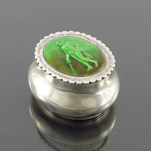 A Revivalist Arts and Crafts silver and: A Revivalist Arts and Crafts silver and enamelled box and cover, Child and Child, London 1898, oval section ovoid baluster form, the denticulated lid set with a relief enamel plaque of Perseus with th