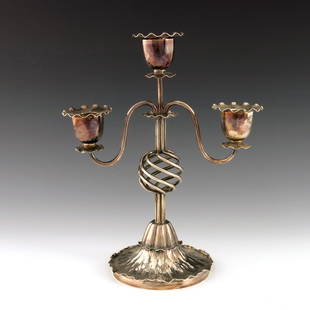 A Victorian naturalistic silver plated c: A Victorian naturalistic silver plated candelabrum and bowl, Hukin and Heath, circa 1890, foliate moulded, the candlestick with three branches, each with crimped sconces, emanating from a six stranded