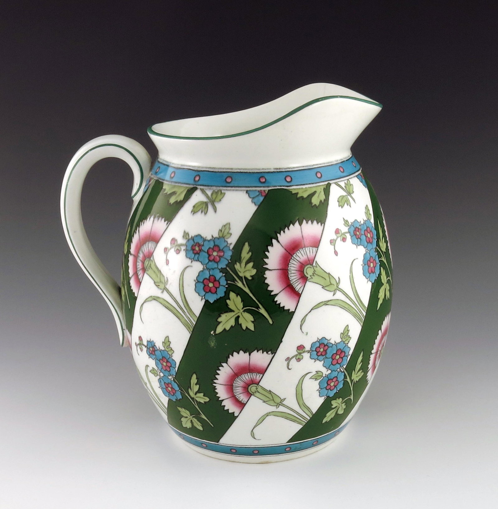 Christopher Dresser for Minton, an Aesth: Christopher Dresser for Minton, an Aesthetic Movement jug, 1883, ovoid form, printed with stylised carnations and forget me nots, on white and green wrythen banded ground, between turquoise borders, 2