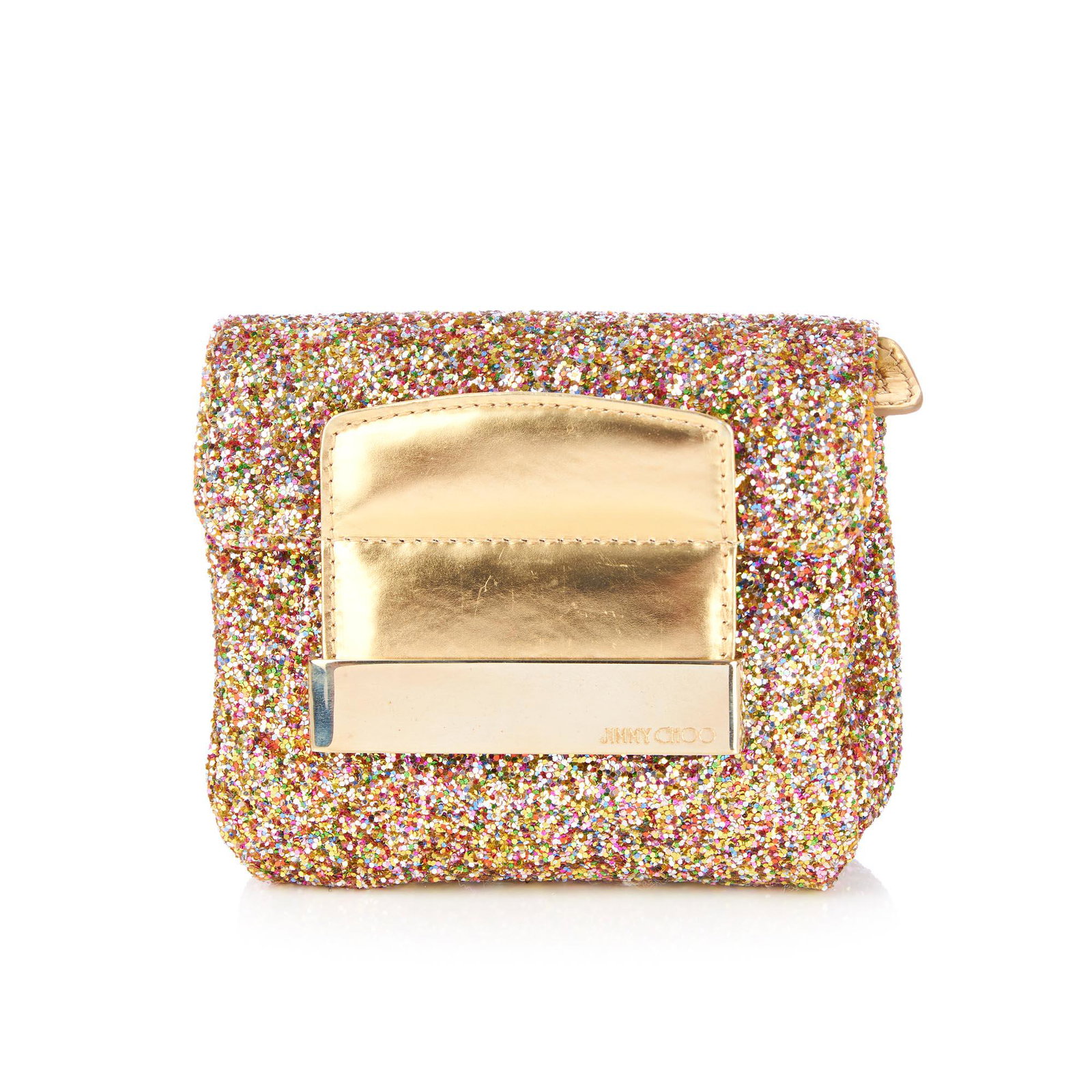 Jimmy Choo, a Mini Glitter Rebel handbag: Jimmy Choo, a Mini Glitter Rebel handbag, designed with a multicoloured glittery exterior and gold leather trim, gold-tone hardware, a detachable chain-link crossbody strap, flap closure and top zip f