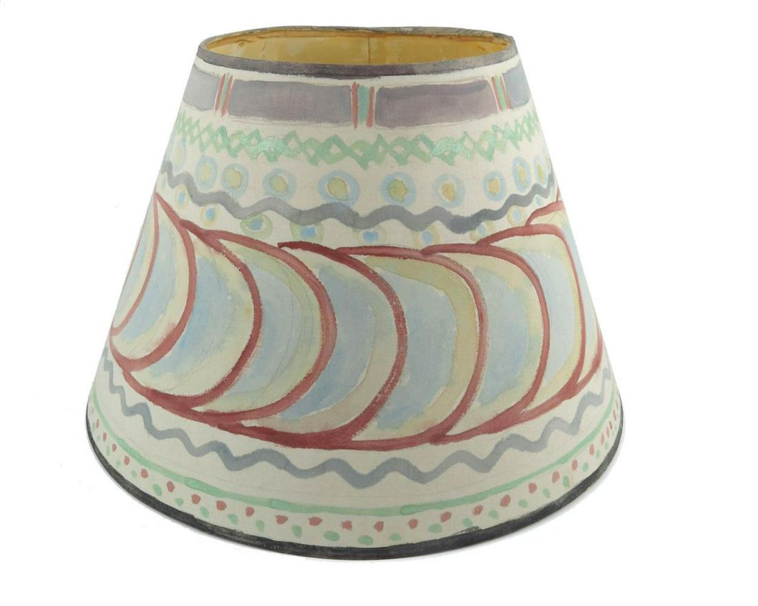 A Bloomsbury style painted lampshade, po: A Bloomsbury style painted lampshade, possibly Quentin Bell, circa 1960s, conical form, decorated with geometric bands in pastel colours, 41cm diameter, 26cm high