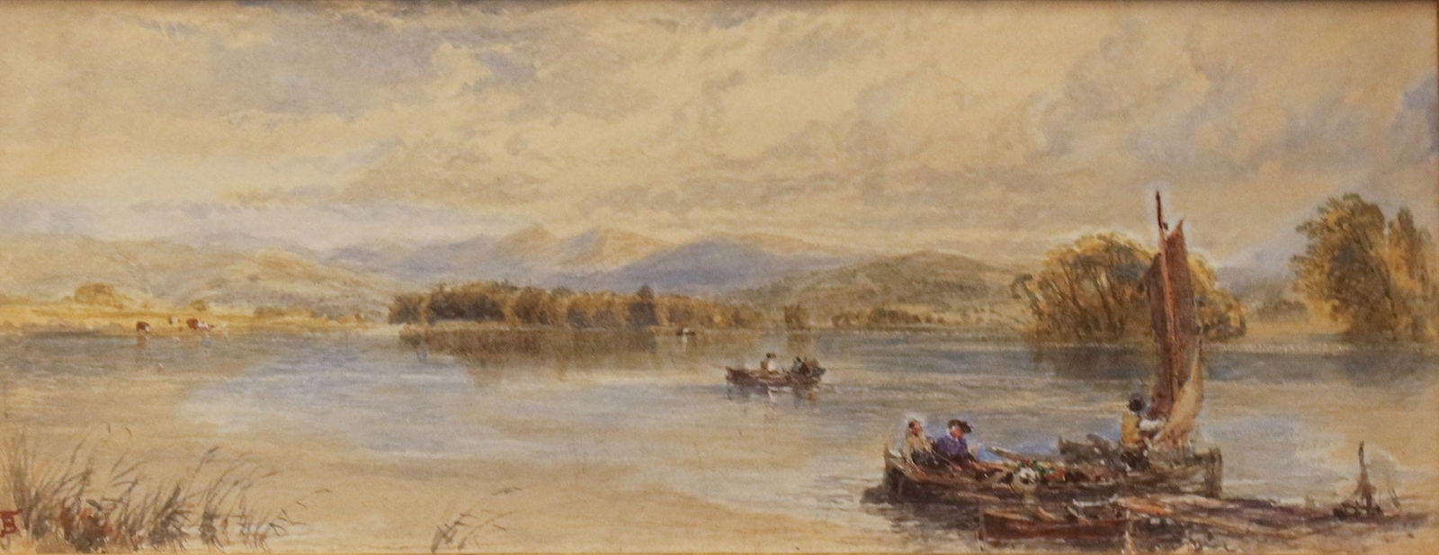 Myles Birket Foster R.W.S. (British, 182: Myles Birket Foster R.W.S. (British, 1825-1899), Boating on the Lake, signed with initials l.l., titled below, watercolour, 9 by 22cm, framed