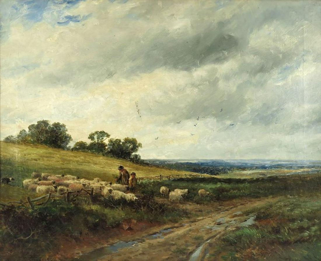 David Bates (British, 1840-1921), a shep: David Bates (British, 1840-1921), a shepherd and his flock entering a lane, signed and dated 1904 l.l., oil on canvas, 40 by 48cm, gilt frame