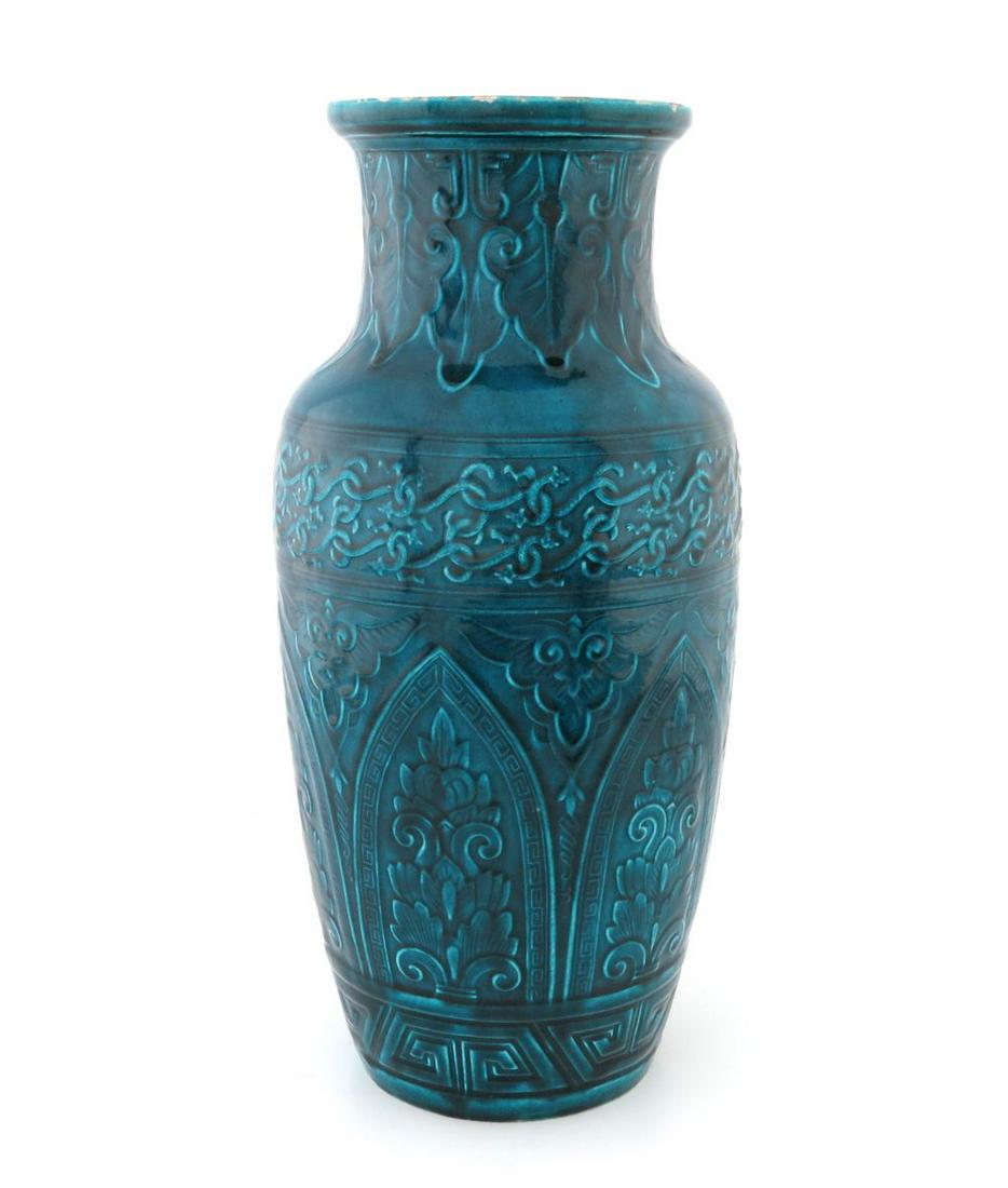Theodore Deck (attributed), a Chinoiseri: Theodore Deck (attributed), a Chinoiserie blue faience vase, relief moulded in the Persian taste, shouldered form, 44cm high