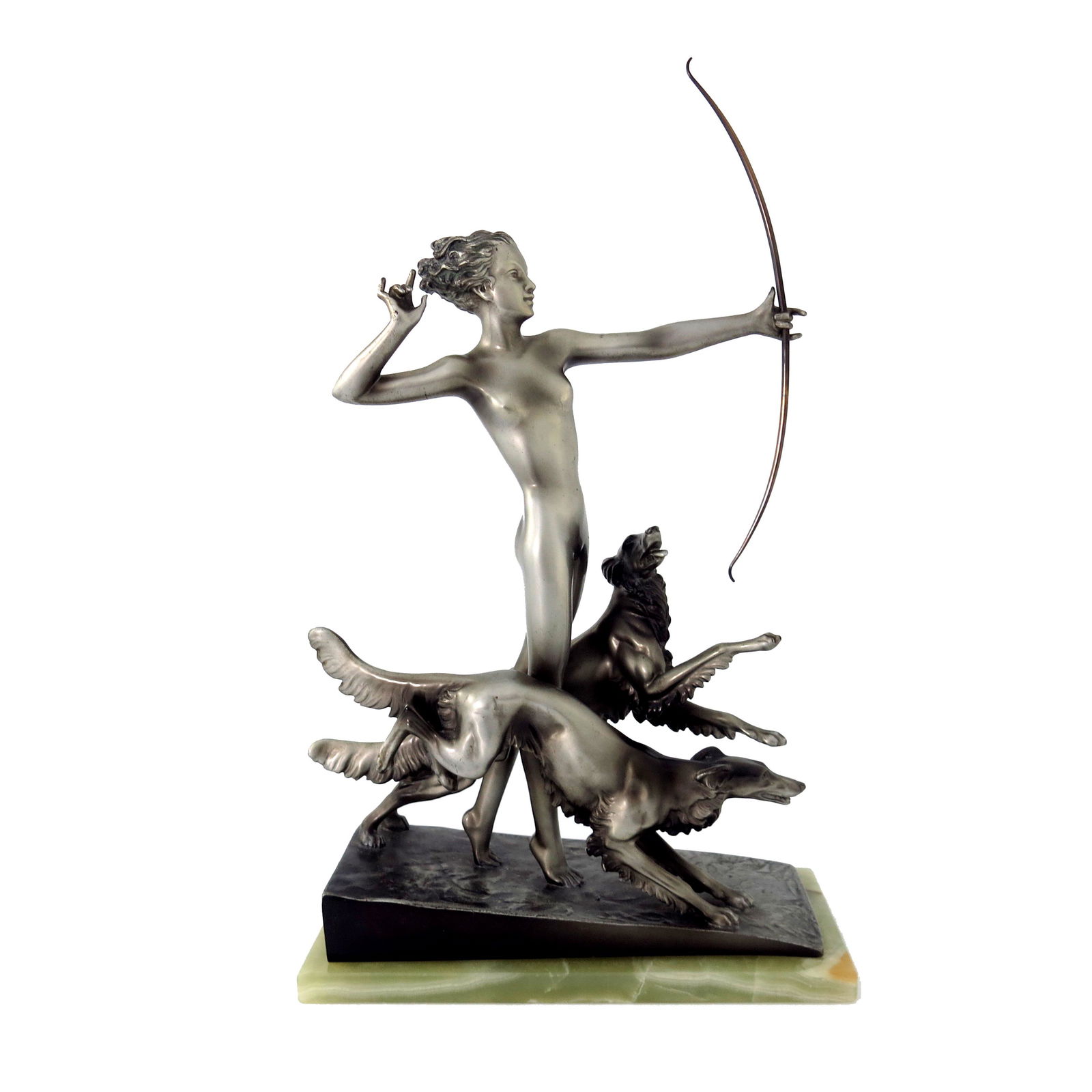 Josef Lorenzl, Diana with Hounds, an Art: Josef Lorenzl, Diana with Hounds, an Art Deco silvered bronze figure group, circa 1925, modelled as a nude woman with bow, flanked by two dogs, on green onyx base, signed in cast Lorenzl, 48cm high