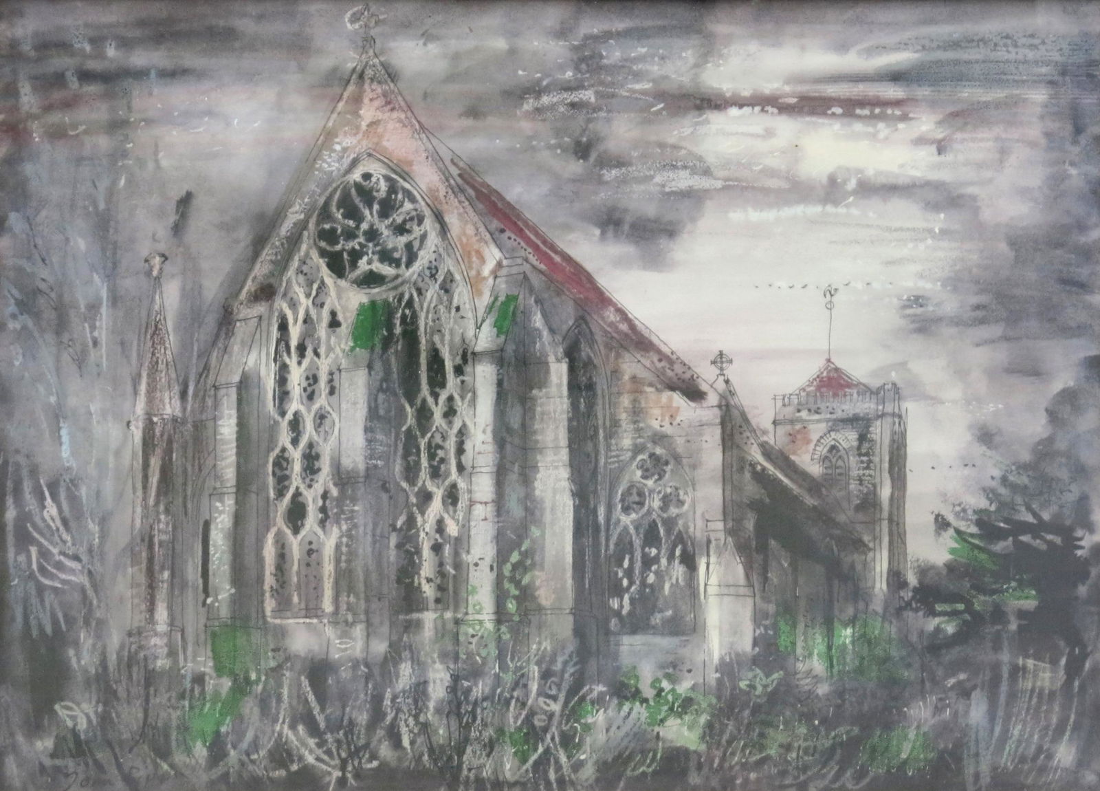 John Piper (British, 1903-1992), Dorches: John Piper (British, 1903-1992), Dorchester Abbey, Dorchester Abbey Restoration Appeal label verso, unsigned, print in colours, 56 by 77cm, framed, note: Artist Resale Rights apply