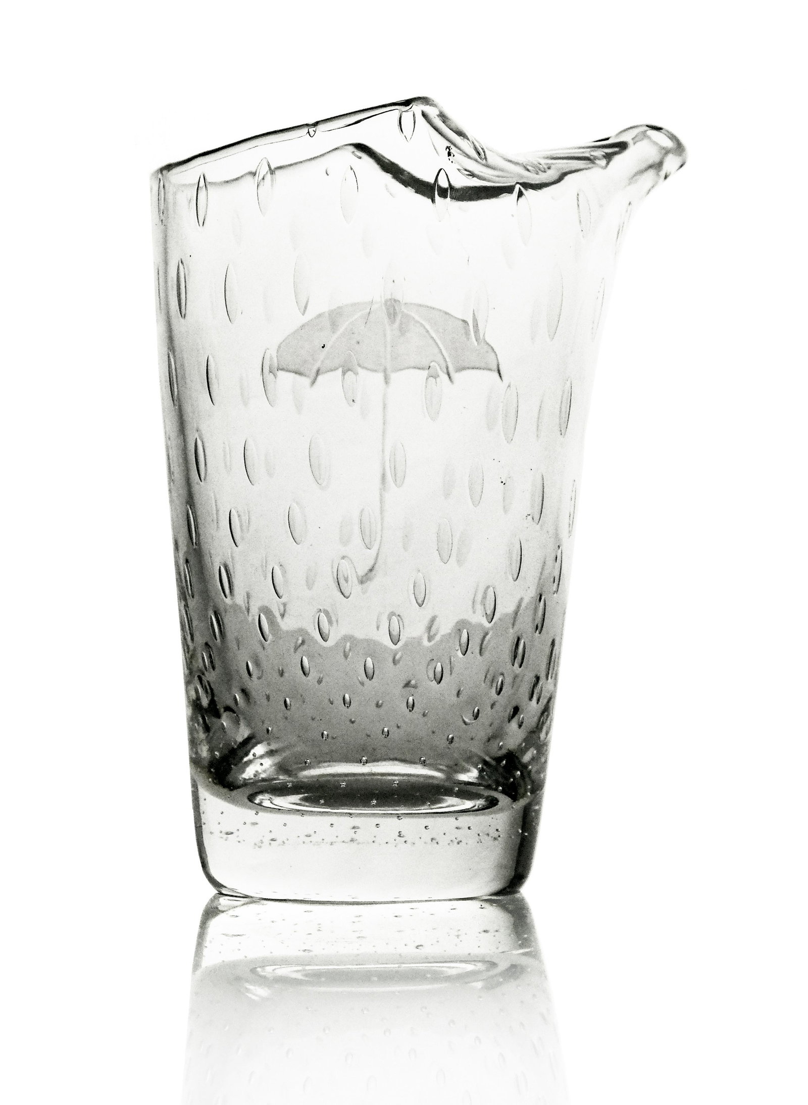David Hammond for Thomas Webb and Sons,: David Hammond for Thomas Webb and Sons, a Modernist glass martini mixer jug, circa 1950s, conical with folded lip, controlled bubble inclusions to simulate rainfall, etched with an umbrella, 17cm high