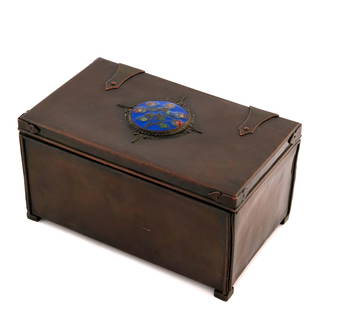 John Paul Cooper (attributed), an Arts a: John Paul Cooper (attributed), an Arts and Crafts copper and enamelled box, cuboid form with plain panel sides, ropetwist strung borders and strap hinges and corners, the lid set with a cloisonne enam