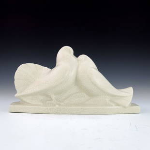 Edouard Cazaux for Orchies, an Art Deco: Edouard Cazaux for Orchies, an Art Deco ceramic figure group of two doves, white craquelure glaze, signed Dax, 36cm long