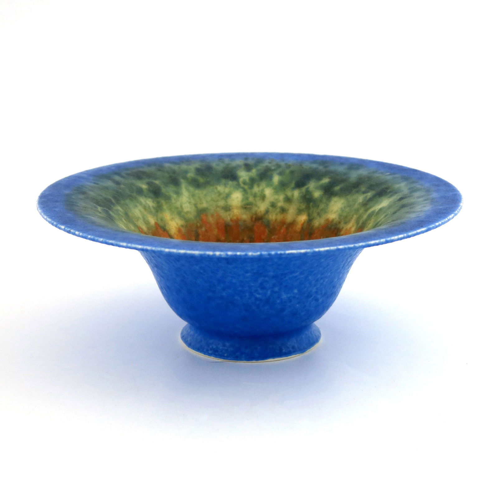 Ruskin Pottery, an eggshell Crystalline: Ruskin Pottery, an eggshell Crystalline bowl, circa 1932, flared footed form, bands of blue, green and orange, impressed marks, 20.5cm diameter